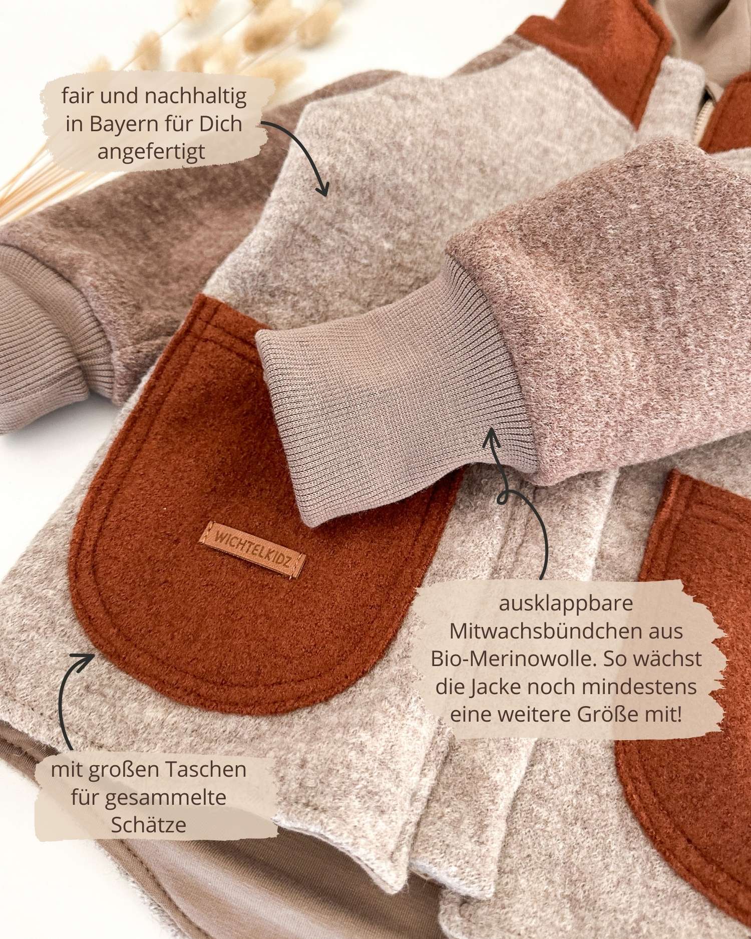 Colorblock Walkjacke für Kinder und Babys mit Wollbünchen aus Bio-Merinowolle